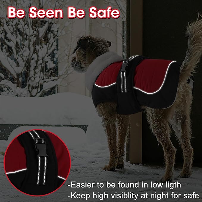 Dogcheer Dog Coat, Christmas Dog Jacket, Waterproof Turtleneck Puppy Winter Coat, Adjustable Pet Puffer Jacket, Reflective Warm Fleece Coats for Small Medium Large Dogs - Red, M