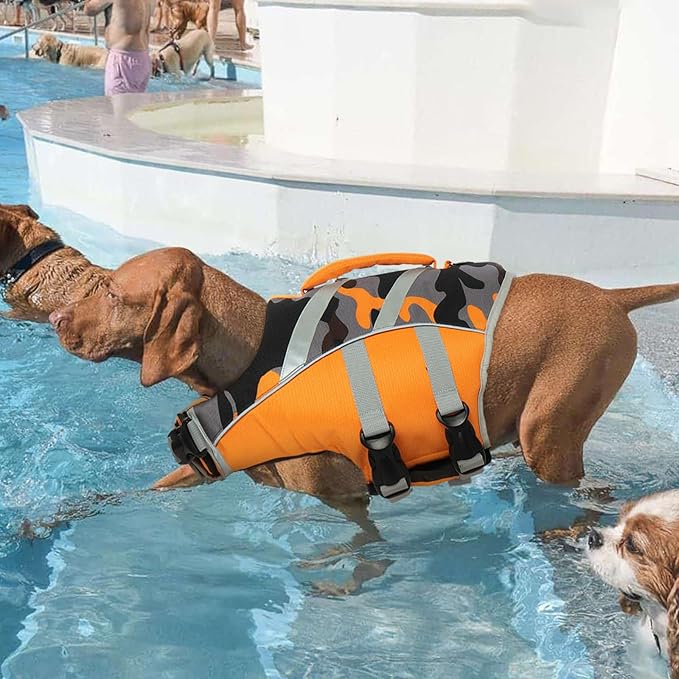 Kuoser High Visibility Dog Life Jacket with Reflective Stripes, Adjustable Ripstop Pet Life Preserver Swimsuit for Small, Medium and Large Dogs