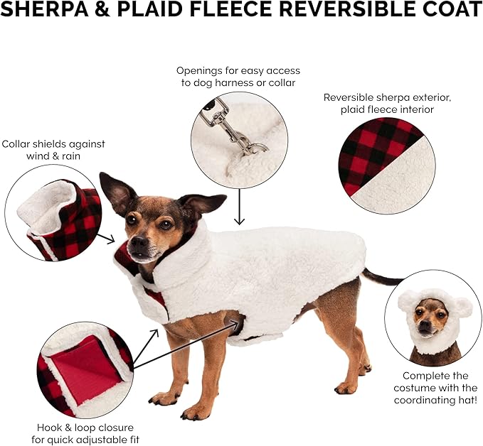 Furhaven Reversible XL Dog Coat, Washable & Insulating w/ Leash Access - Sherpa & Plaid Fleece Flex-Fit Jacket - Cream/Red, Extra Large