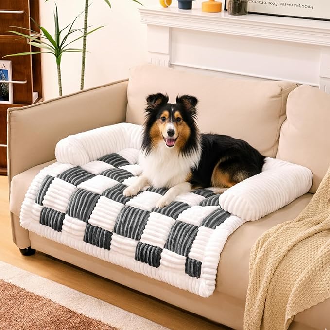 FUNNY FUZZY Pet Couch Covers for Sofa, Large Couch Cover for Dogs Washable Cream Square Plaid Pet Bed Mat for Furniture Protector Sofa Cover for Pets, Large, Black
