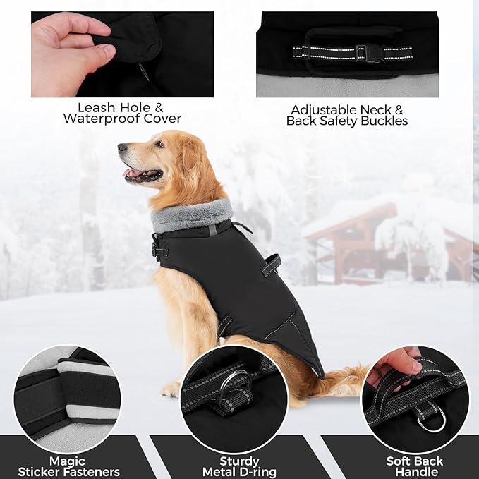 Mihachi Dog Coat for Large Dogs, Warm Dog Winter Coat Waterproof Dogs Jacket with Harness Built in Reflective Pet Fleece Vest, Puppy Cold Weather Coats Turtleneck & Windproof Pet Snowsuit, Black L