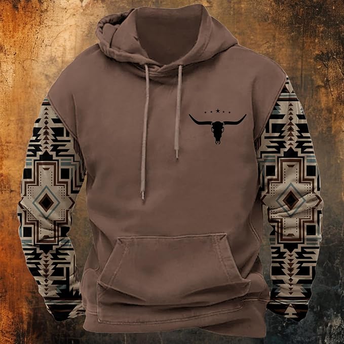 HOTYD Mens Western Aztec Sweatshirts Long Sleeve Fall Fashion Drawstring Pullover Vintage Graphic Cowboy Hoodie for Men