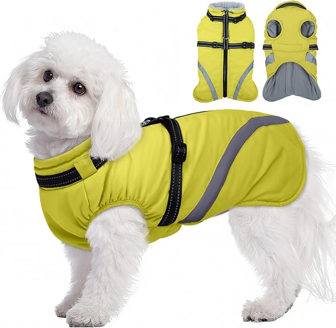 BRKURLEG Dog Winter Jackets for Small Dogs, Dog Coat with Harness Built in, Dogs Snowsuits with Zipper, Waterproof Windproof Pet Puffer Jacket Fleece Vest for Chihuahua, Yorkie, Green XS