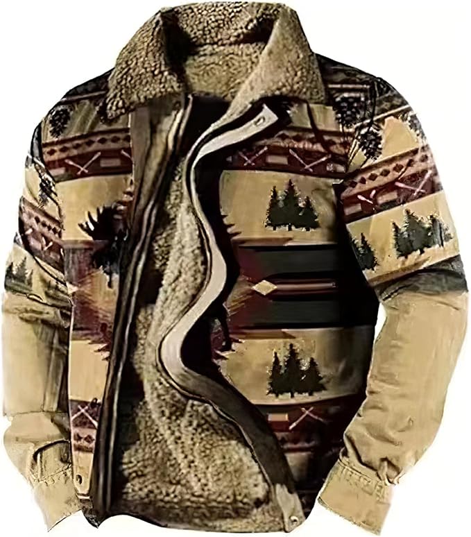 LOAIHA Men's Western Aztec Vintage Print Sherpa Fleece Lined Jackets Casual Zipper Winter Warm Jacket Coats