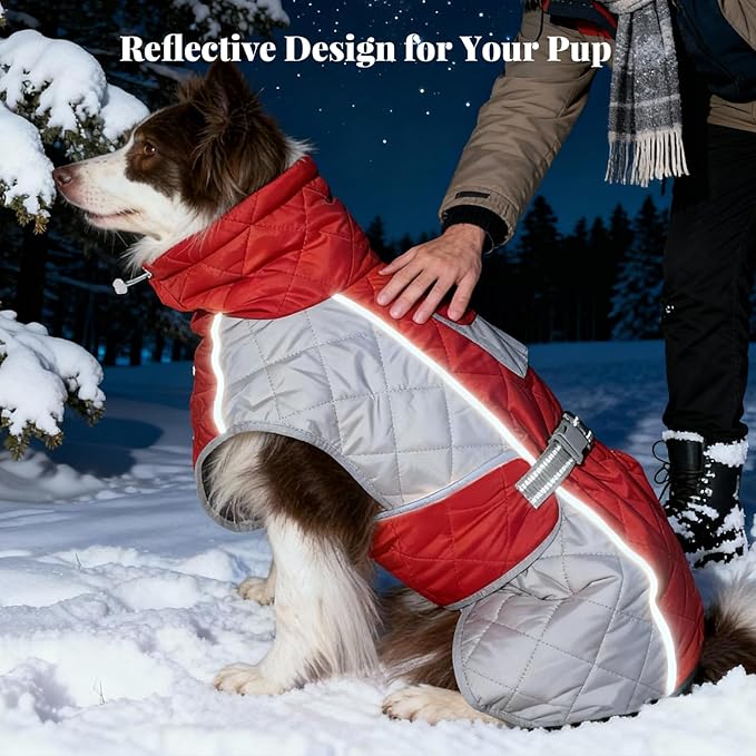 Dog Coat Dogs Winter Coat- Fleece Lined,Water-Resistant,Convertible Collar,Back Reflective Strip&Easy to Wear for Outdoor Walking Dog-Jacket(Red, XX-Large)