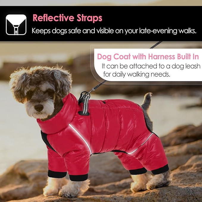 AOFITEE Dog Coat, Waterproof Dog Winter Jacket, Warm Fullbody Dogs Snowsuit, Winter Coat for Small Dogs, Zip Up Pet Puffer Jacket Fleece Vest, Outdoor Reflective Cold Weather Pet Coats, Christmas Red