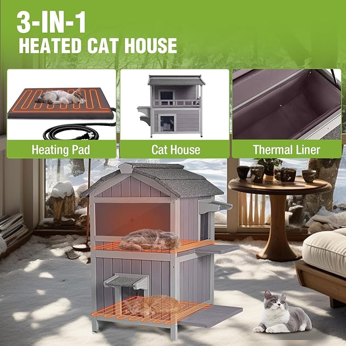 GUTINNEEN 2-Story Heated Cat House for Outside Large Insulated Cat House Outdoor Weatherproof Feral Cat Shelter with Heated Pad, Insulated All-Round Thermal Liner for 1-4 Cats