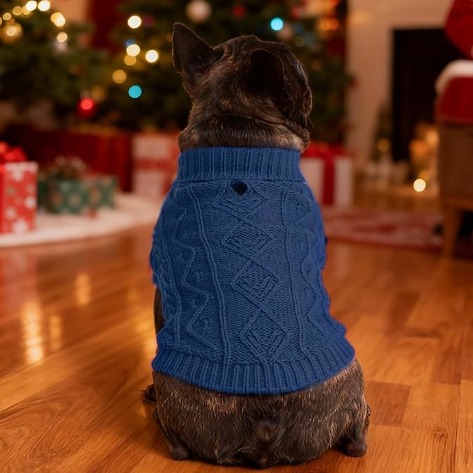 PUPTECK Dog Sweater, Turtleneck Warm Knitted Pullover Coat, Thick Cable Knitwear Clothes in Winter, Pet Apparel Outfits for Small Medium Dogs, for Cold Weather Indoor & Outdoor, Deep Blue XS