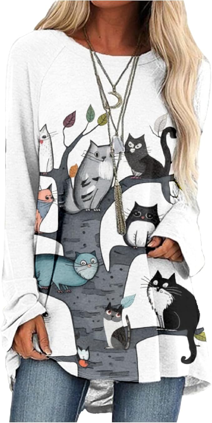 Womens Tunic Shirt Cute Cat Print Long Sleeve Round Neck Women T Shirts Cotton Casual Plus Size Vacation Tunics Tops