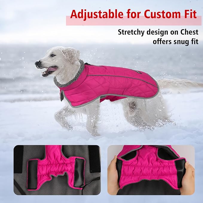 Fragralley Dog Coat Large, Waterproof Dog Jacket with Warm Fleece Lining, Adjustable Reflective Dogs Winter Coat, Turtleneck Pet Coats for Cold Weather (Rose Pink XL)