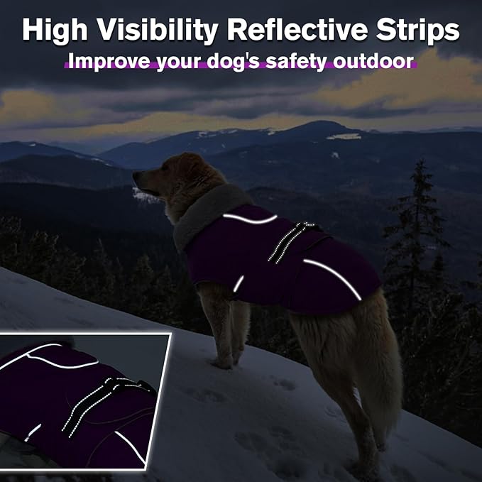 Lelepet Warm Dog Winter Coats for Medium Dogs Waterproof Dog Jacket Reflective Pet Fleece Vest Windproof Cold Weather Coats with Adjustable Buckle & Leash Hole, Purple, M