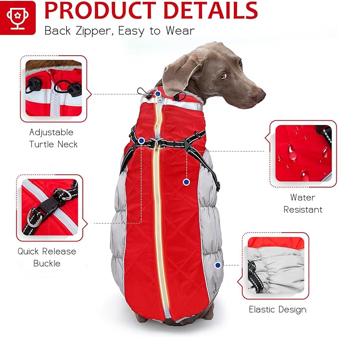Dog Winter Coat with Harness, Dog Jacket, Pet Clothes with Zipper on Back, Waterproof Windproof Warm Vest, Reflective Cold Weather Coats, for Small Medium Large Dogs, Thick, Red, XL