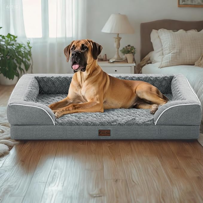 Orthopedic Dog Beds for Large Sized Dogs, Waterproof Memory Foam Large Pet Bed with Sides 36x27Inch, Non-Slip and Egg-Crate Foam Big Dog Couch Bed with Removable Washable Cover, Grey
