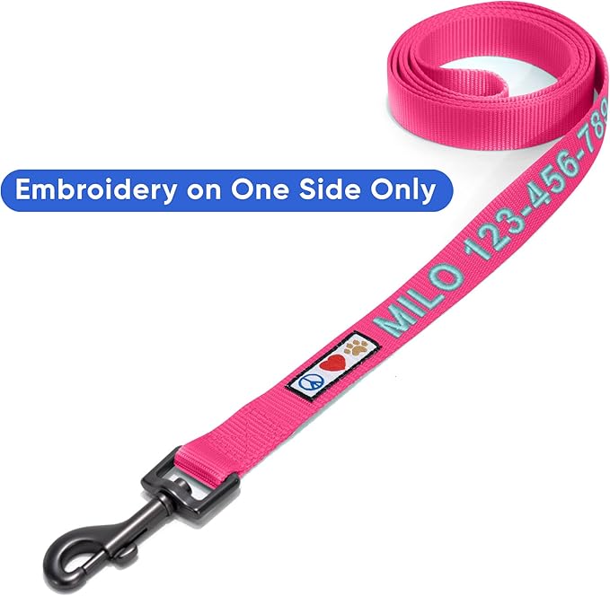 Pawtitas Personalized Dog Leash - Custom Embroidered with Pet Name & Phone Number - 6 ft Pink Small Dog Leash