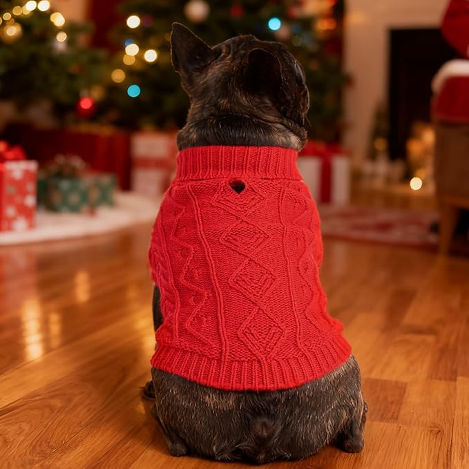 PUPTECK Dog Sweater, Turtleneck Warm Knitted Pullover Coat, Thick Cable Knitwear Clothes in Winter, Pet Apparel Outfits for Small Medium Dogs, for Cold Weather Indoor & Outdoor, Red M