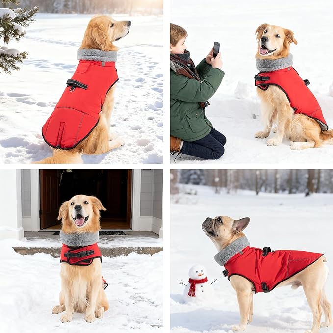 Mihachi Dog Coat for Large Dogs, Warm Dog Winter Coat Waterproof Dogs Jacket with Harness Built in Reflective Pet Fleece Vest, Puppy Cold Weather Coats Turtleneck & Windproof Pet Snowsuit, Red XL