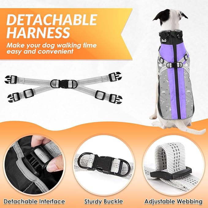 SlowTon Dog Jacket with Harness Built in - Waterproof Fleece Winter Warm Dog Coats for Small Medium Dogs, Reflective Adjustable Furry Puppy Vest Clothes for Outdoor Walking (PU, L)