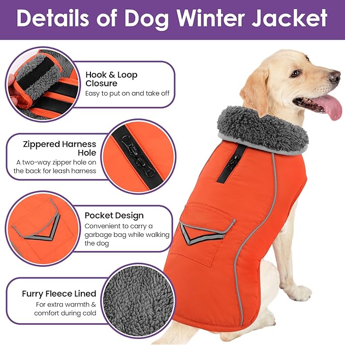 SUNFURA Dog Winter Coat, Medium Dog Coat Jacket with Fleece Lining for Cold Weather, Warm Puffer Jacket Turtleneck Snowsuit with Leash Hole for Jack Russel, Boston Terrier, Orange M