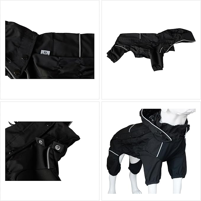 LOVELONGLONG Waterproof Dog Raincoat with Removable Hood – Outdoor Full Body Dog Jacket, Windproof Snowproof Shell Suit – All Season Pet Rain Gear Black XXL