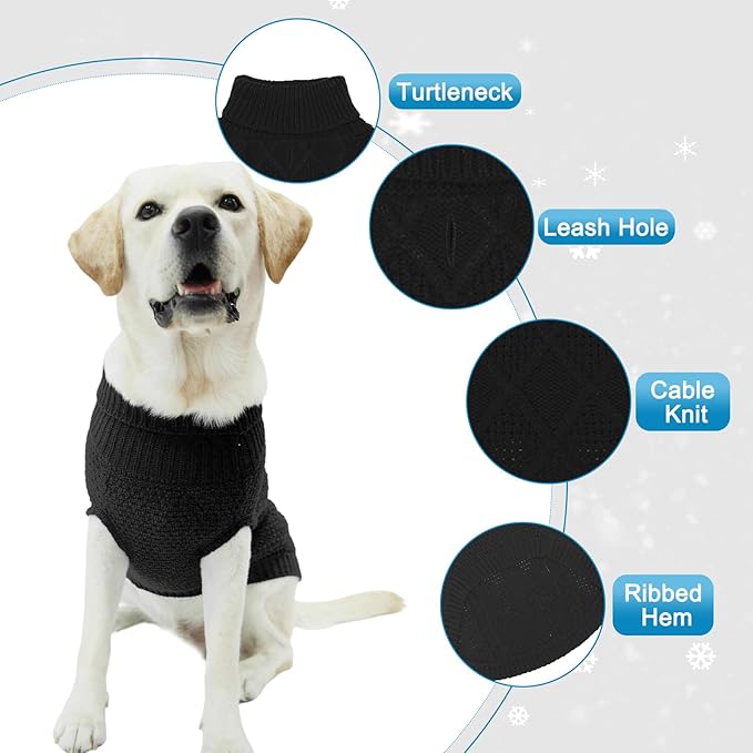 Mihachi Turtleneck Dog Sweater - Winter Coat Apparel Classic Cable Knit Clothes with Leash Hole for Cold Weather, Ideal Gift for Pet in New Year Black Medium