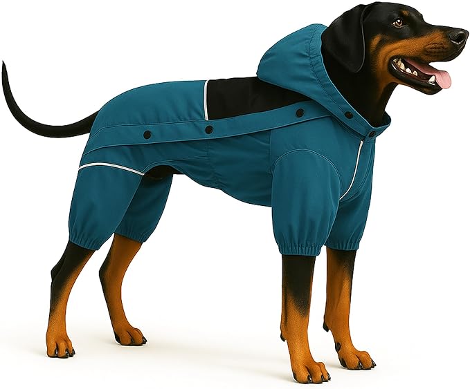 LOVELONGLONG Waterproof Dog Raincoat with Removable Hood – Outdoor Full Body Dog Jacket, Windproof Snowproof Shell Suit – All Season Pet Rain Gear Ocean Teal M