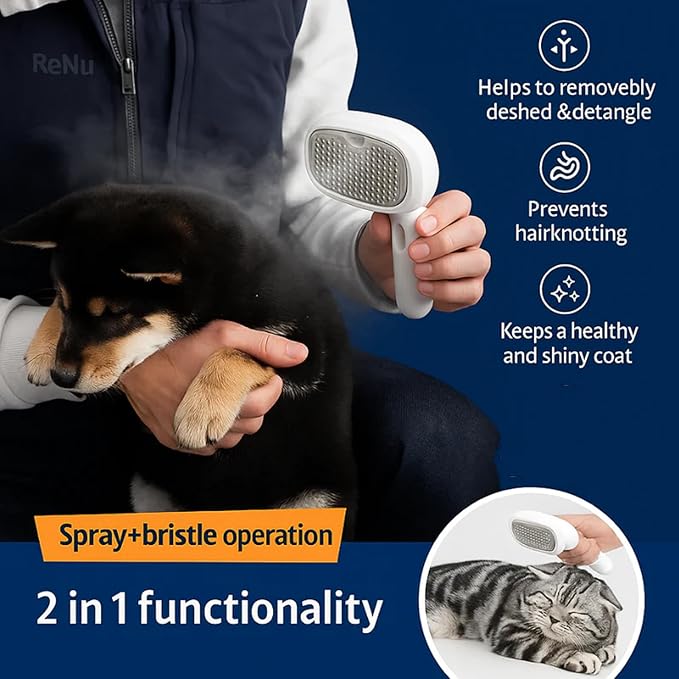 Dog Shower Brush, Freshfur Shower Brush + Bathing Solution, 3 in 1 Self Cleaning Steamy Pet Brushes, Dog Grooming Tool for Long & Short Hair, Removes Loose Hair Reduces Shedding (White)