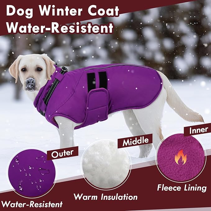 Dog Coat for Large Dogs Waterproof Winter Jacket with Harness Built-in Reflective Adjustable Hook&Loop Snowsuit for Dogs Bulldog Pitbull, XL Purple