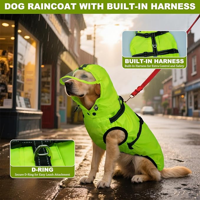 Dog Raincoat XXL, Waterproof Dog Raincoats for Large Dogs with Adjustable Built-in Harness & Back Zipper, Reflective Strip, Removable Hood, for Rainy Walks, Muddy Roads - Fluorescent Green