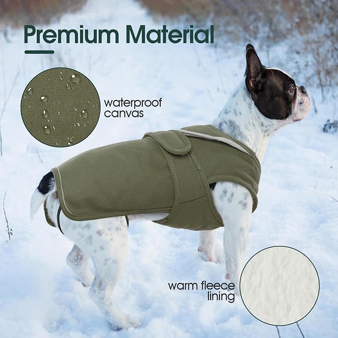 Kuoser Canvas Dog Coat, Warm Dog Jacket Reflective Fleece Pet Cold Weather Coat, Warm Doggie Clothes Waterproof Winter Vest with Zipper Leash Hole for Small Medium Large Dogs, Army Green S