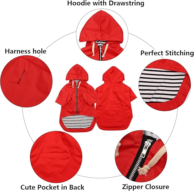 Dog Raincoat rain Jacket Raincoat Dogs Waterproof Small Medium Breeds Zip Closure Storage Pocket Harness Hole Red L