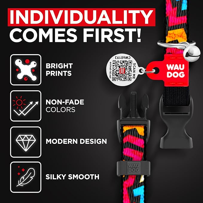 WAUDOG Nylon Cat Collar with Removable Bell and QR ID Tag for Small, Medium and Large Breeds Adjustable Long Lasting Durable Kitten Collars Boy & Girl