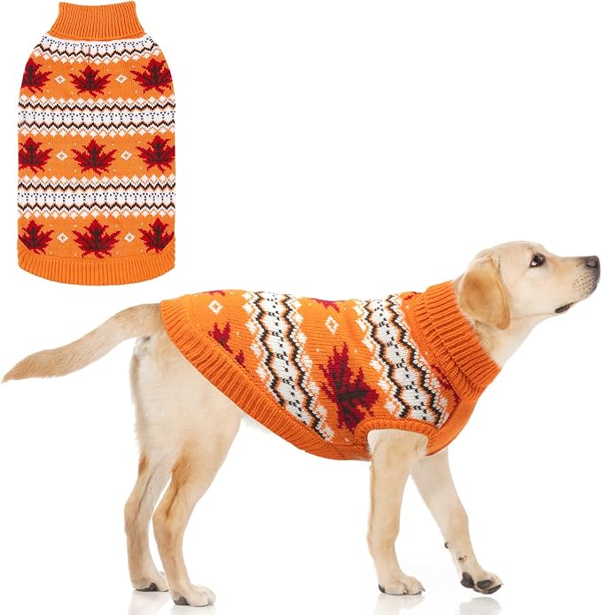 KOOLTAIL Cable Knit Dog Sweater Turtleneck, Cold Weather Pullover Classic Knitwear, Thick Warm Winter Pet Clothes, Fall Maple Leaves Thanksgiving Dog Sweater for Small Medium Large Dogs Cats,Orange XL