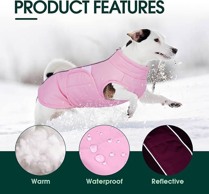 Kuoser Dog Jacket, Winter Dog Coats for Medium Dogs, Reflective Doggie Cold Weather Coats Pet Clothes, Puppy Snow Jacket for Frech Bulldog, Boston Terrier, Pink L