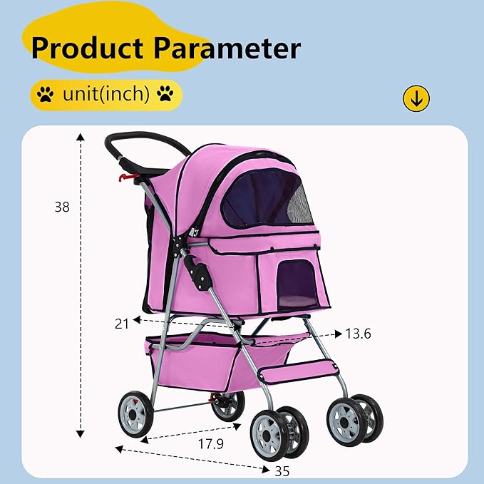 FDW Pet Stroller 4-Wheel Dog Cat Stroller Travel Folding Carrier Puppy Stroller with Cup Holder and Removable Liner for Small Medium Dogs Cats, Pink