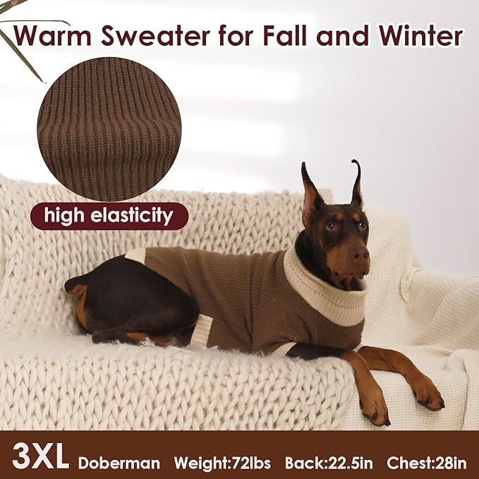 XXXL Dog Sweater, Stretchy Turtleneck Sweaters for Large Dogs Male Female, Soft Dog Pullover Sweater with Leash Hole, Pet Christmas Clothes Holiday for Husky, Golden Retriever, Doberman, Brown 3XL