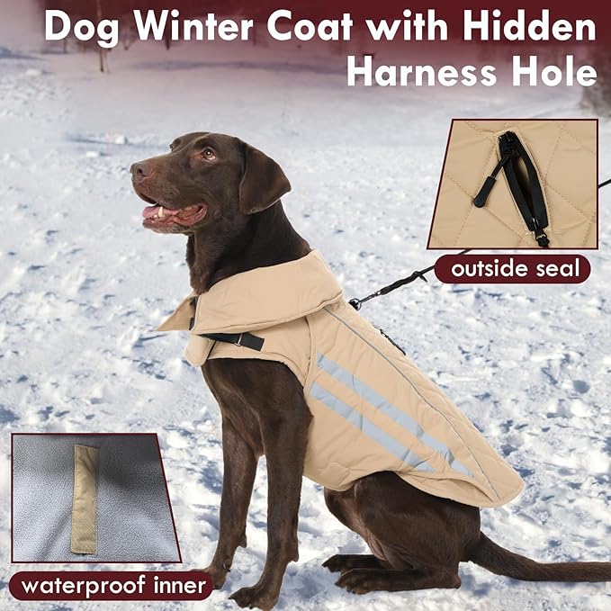Dog Coat for Large Dogs Waterproof Winter Jacket with Harness Hole Turtleneck Hook & Loop Snowsuit Warm Fleece Dog Jacket for Cold Weather Windproof, Khaki XL