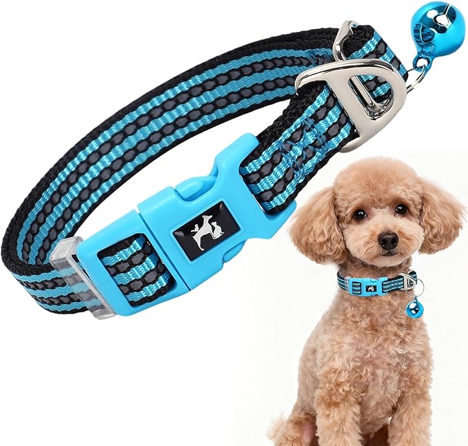 Reflective Dog Collar with Bell - Hypoallergenic Adjustable Nylon Puppy Collar for Night Safety, Soft Comfort Fit Small Dogs & Cats, Blue X-Small
