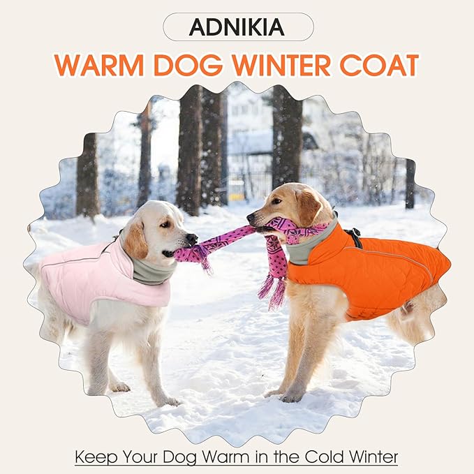 Dog Coat with Harness Built in -Orange,2XL- Fleece Lined Dog Snow Jacket Snowsuit，Adjustable Reflective Winter Warm Cold Weather Coat
