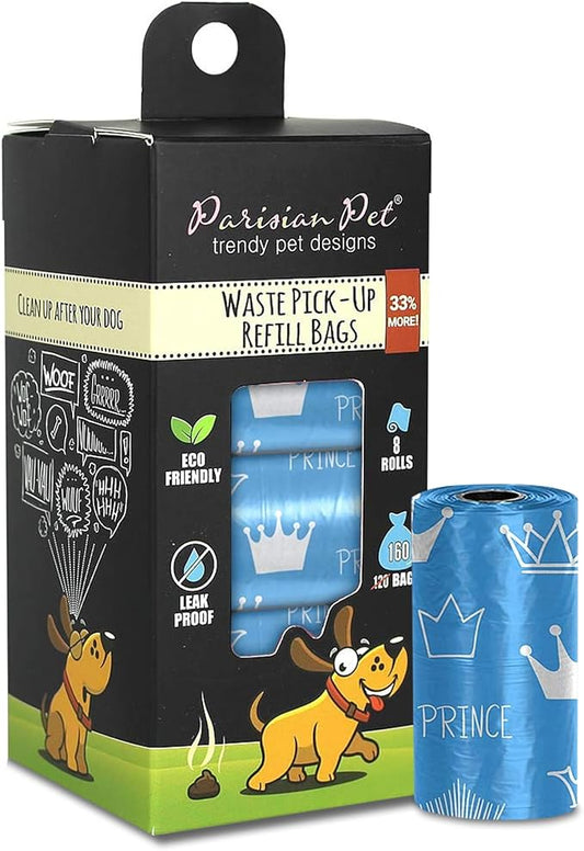 Parisian Pet Ecofriendly Dog Poop Bags Rolls - 160 Count Unscented Poop Bags For Dogs - Leakproof, Extra Thick, 8 Dog Waste Bags Refill Rolls - Prince Blue Doggie Poop Bags - Fits All Dispenser