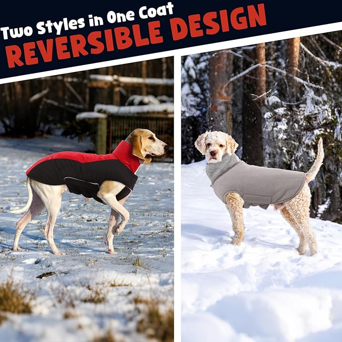 Warm Dog Coat,Waterproof Jacket in Winter Adjustable and Reversible Doggy Fleece Outfit,Thick Clothes with Foldable Collar for Puppy in Cold Days,M Red