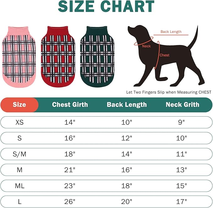SCENEREAL Turtleneck Dog Sweater for Small Medium Large Dogs Girls Boys, Christmas Plaid Pullover Puppy Sweatershirt, Dogs Cold Weather Outfit Clothes, Ideal Gift for Pet in New Year, Green Plaid S