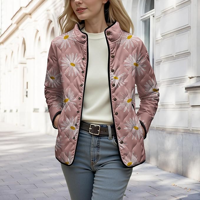 LIZALIG Women's Cropped Puffer Jacket Lightweight Floral Print Long Sleeve Padded Quilted Puffy Cardigan Coat