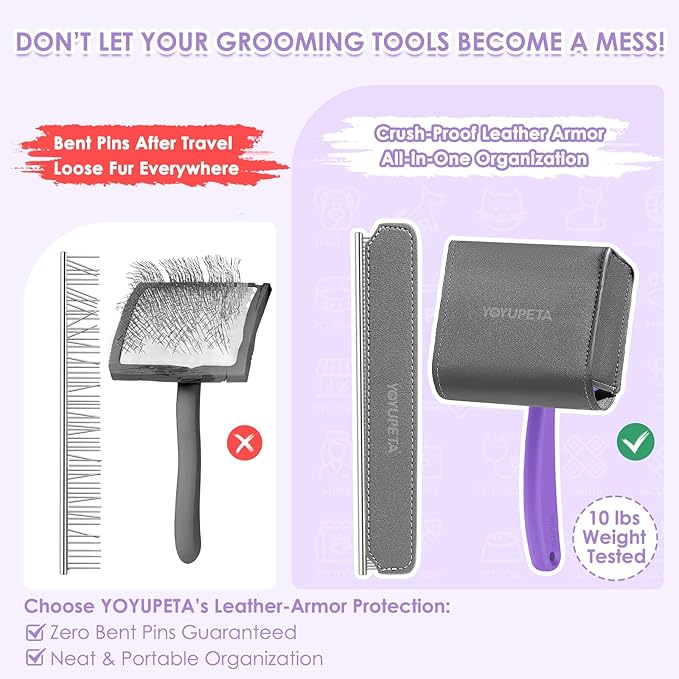 Large Dog Slicker Brush & Comb Set with Leather Sleeves - Long Pin Deshedding Brush for Golden Retrievers, Poodles, Doodles & Thick Coats, Wood Handle Pet Grooming Kit for Dogs, Cats. Purple