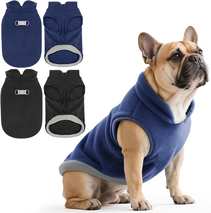 Idepet 2 Pack Dog Fleece Vest Sweater Warm Pullover Jacket with D-Ring Leash Reflective Winter Coat Hoodie for French Bulldog Pug Chihuahuas Yorkies Dachshunds(Black&Blue,Large-French Bulldog)