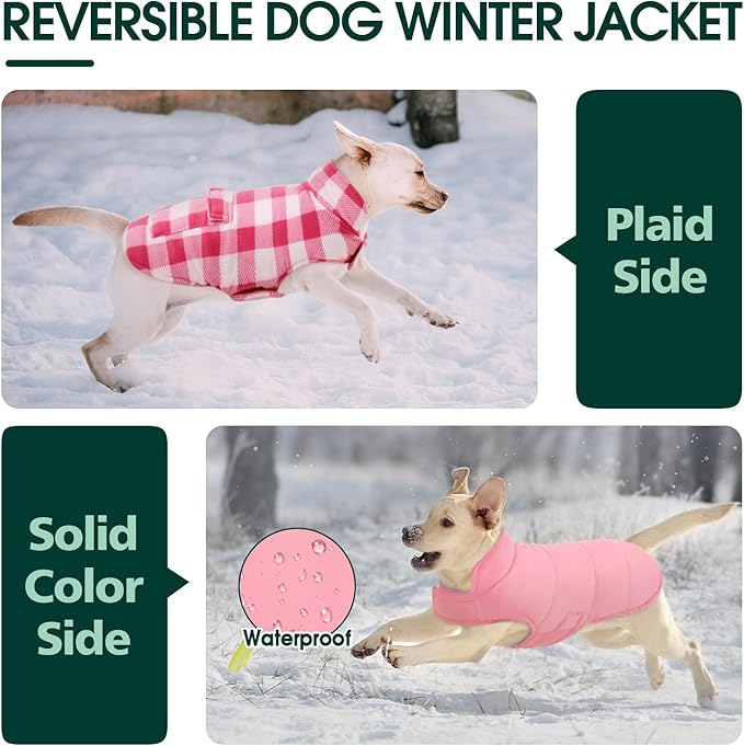 Kuoser Dog Winter Coat, Windproof Dog Fleece Jacket British Style Plaid Cold Weather Doggie Vest Coats, Reversible Cozy Warm Pet Clothes Apparel for Large Size Dogs L