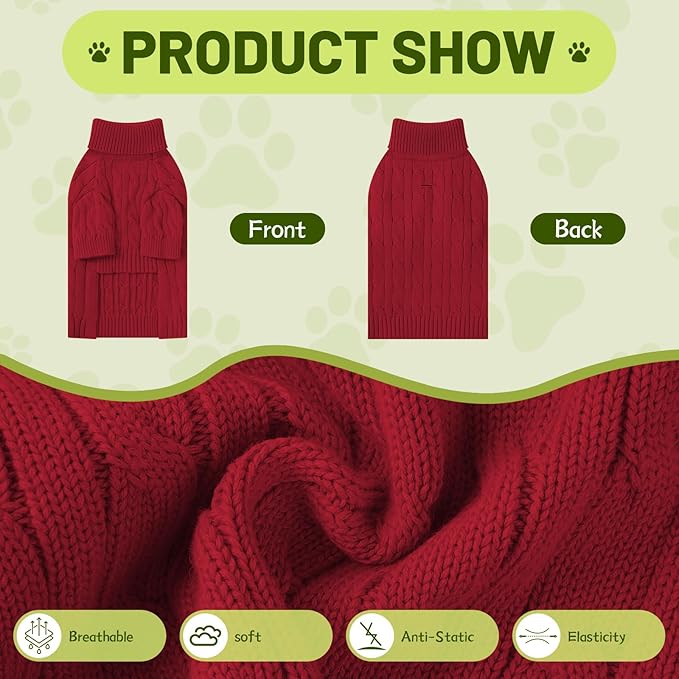 Small Dog Thermal Pullover Sweater, Classic Turtleneck Cable Knitwear Dog Clothes for Cold Weather Warm Pet Clothes for Chihuahua, Bulldog, Dachshund, Pug Red X-Large