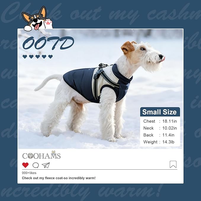 Dog Winter Coat for Small & Medium Dogs (Up to 31lb), Waterproof Dog Coat with Harness, Puppies Windproof Puppy Puffer Jacket, Snowsuit for Dachshund,Frenchie, Corgi (Classic Blue, Large)