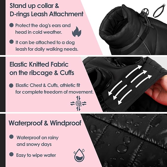 AOFITEE Dog Coat, Waterproof Dog Jacket for Winter, Warm Fullbody Dogs Snowsuit, Winter Coat for Small Dogs, Zip Up Pet Puffer Jacket Fleece Vest, Outdoor Reflective Cold Weather Pet Coats, Black S