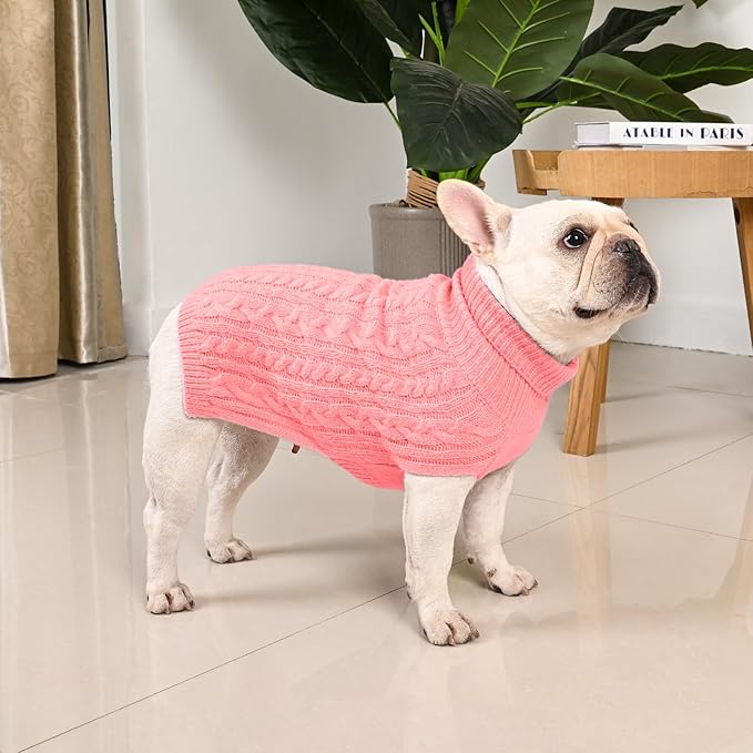 2 Pack Dog Sweaters for Medium Dogs Turtleneck Pullover Cable Knit Stretch Clothes French Bulldog Dachshund Boston Terrier Corgi Beagle Pug Boy Girl Pets Winter Clothes (M, Pink & Purple)