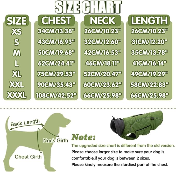 EMUST Winter Coat for Large Dogs, Windproof Dog Jacket for Cold Weather, Extra Warm Pet Winter Clothes for Small Medium Large Dogs, Green, XXL